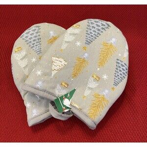 Set Of 2 CHRISTMAS TREE MINI THEMED OVEN MITTS GRAY NON SLIP GRIP